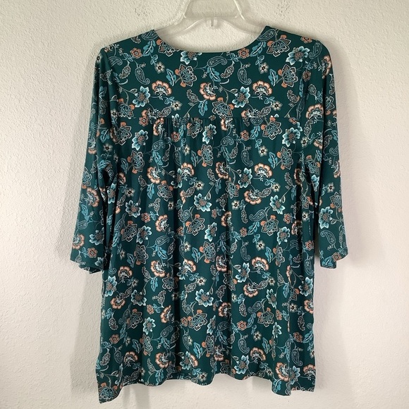 J JILL Wearever Jersey Knit Tunic Dark Green Floral Top 3/4 Sleeve Travel Work L - Picture 14 of 16